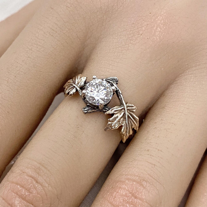 Moissanite Sterling Silver Maple Leaf Ring
