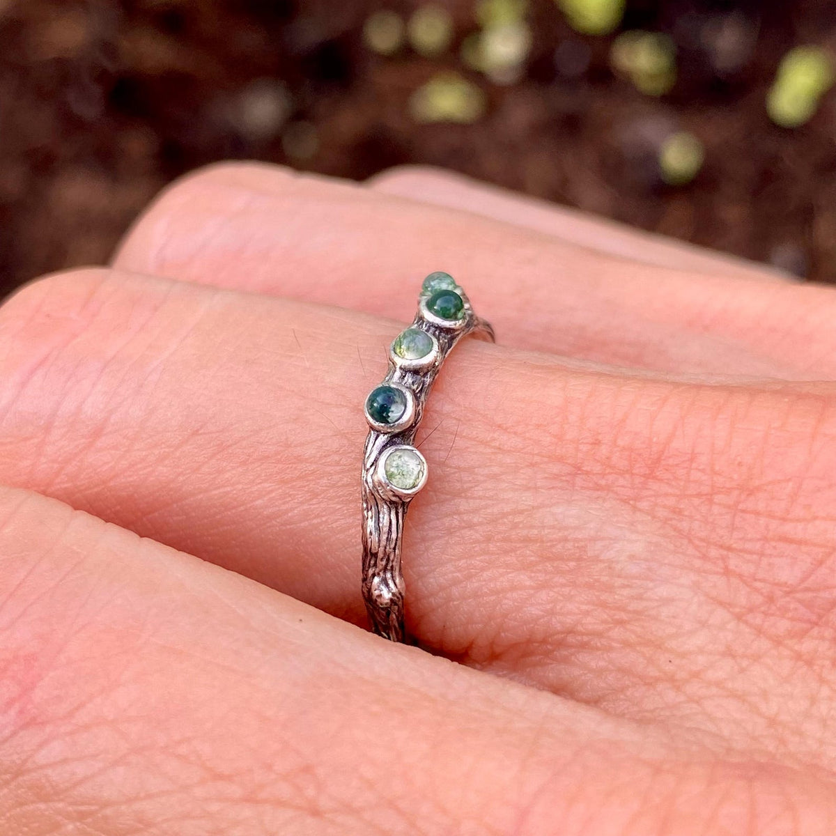 Moss Agate Sterling Silver Twig Ring