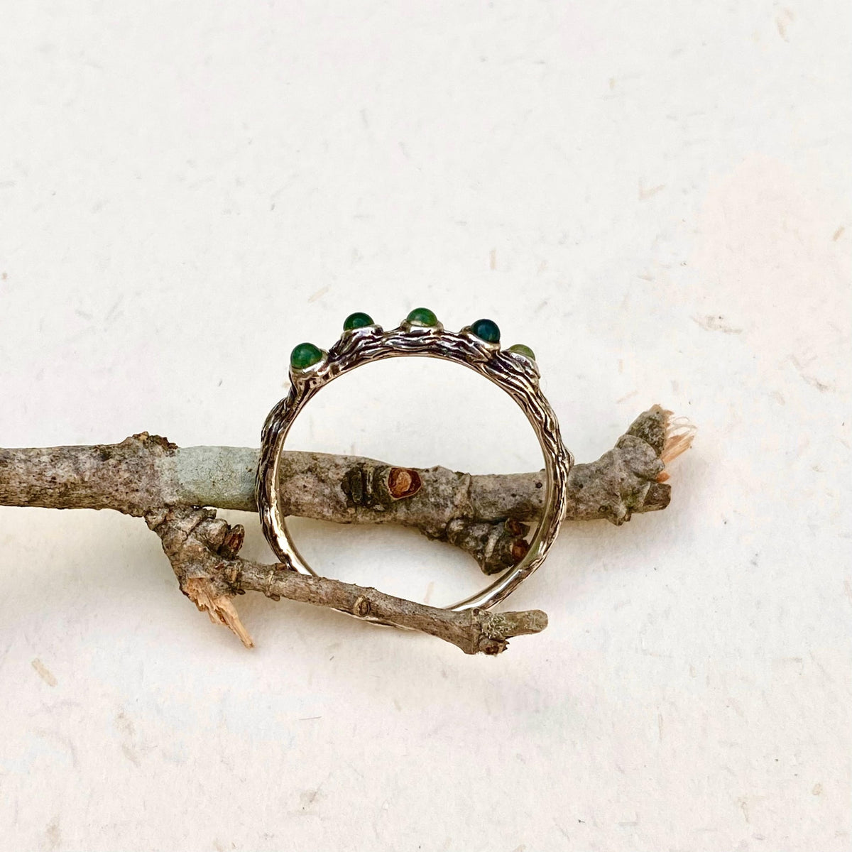 Moss Agate Sterling Silver Twig Ring