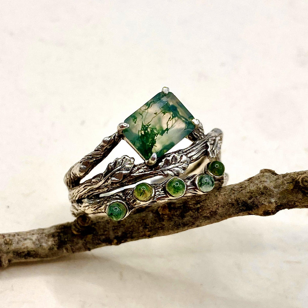 Moss Agate Sterling Silver Oak Leaf Ring