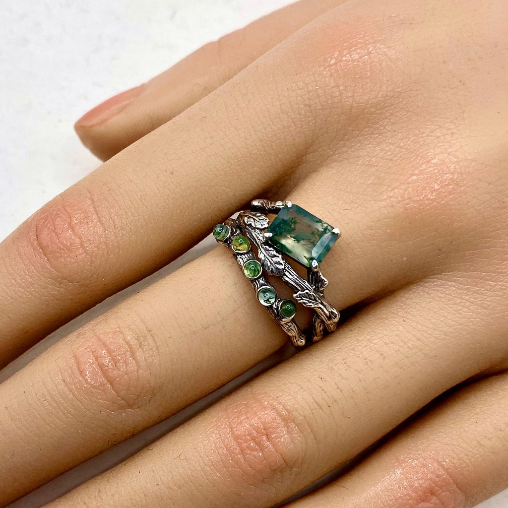 Moss Agate Sterling Silver Oak Leaf Ring