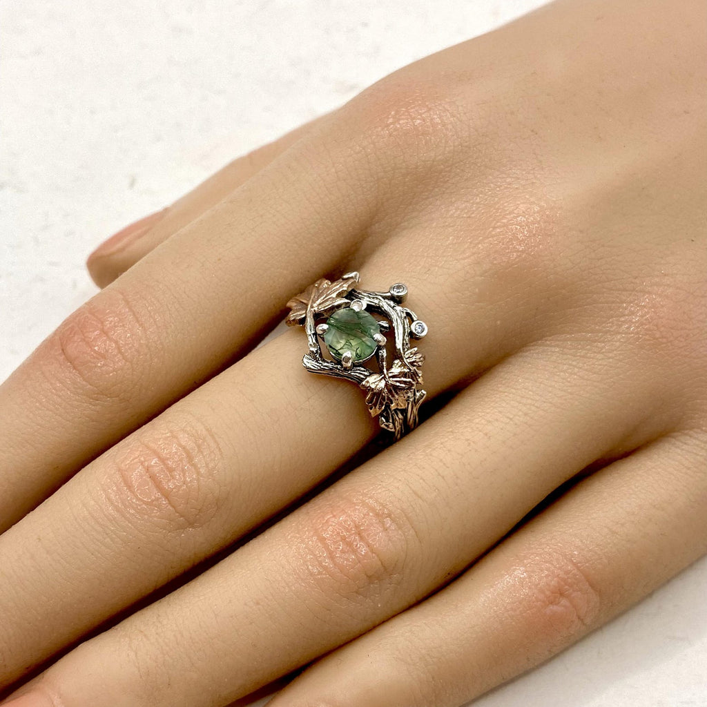 Moss Agate Sterling Silver Maple Leaf Ring