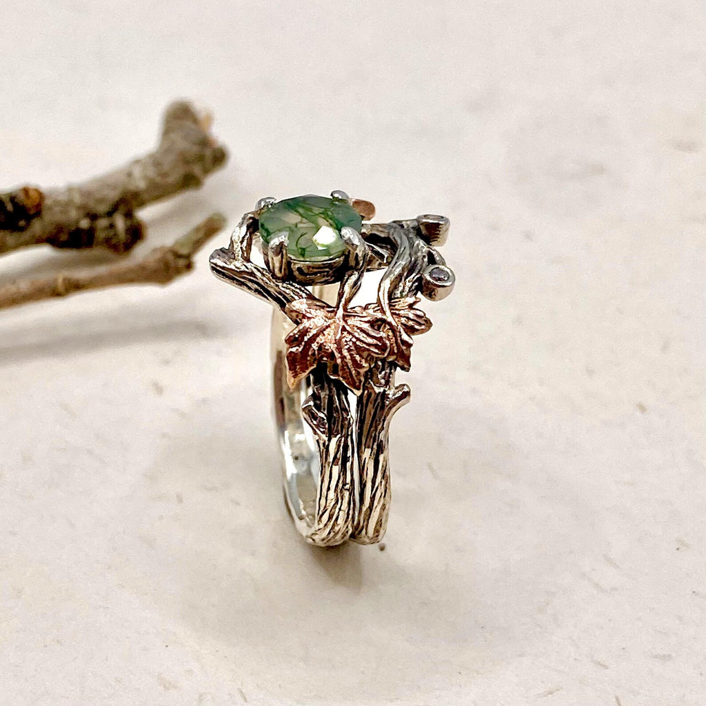 Moss Agate Sterling Silver Maple Leaf Ring
