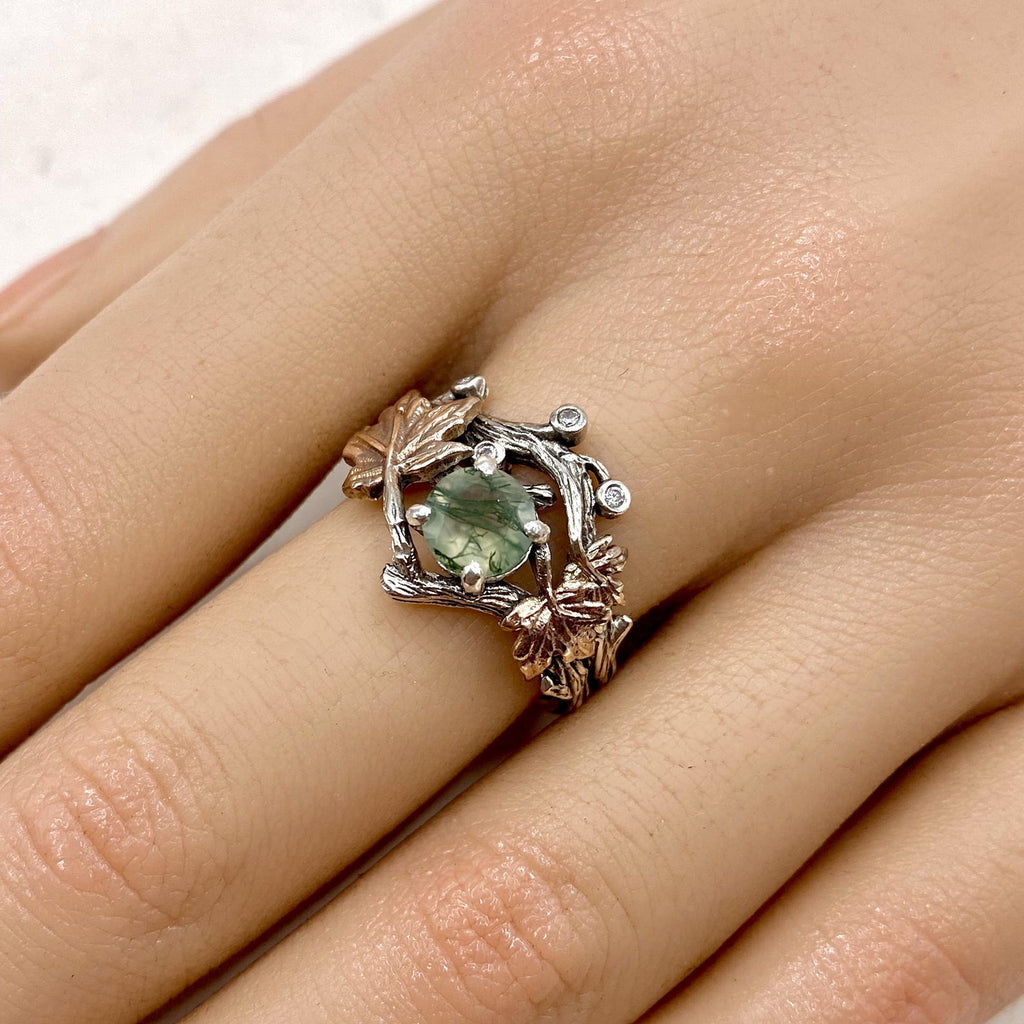 Moss Agate Sterling Silver Maple Leaf Ring