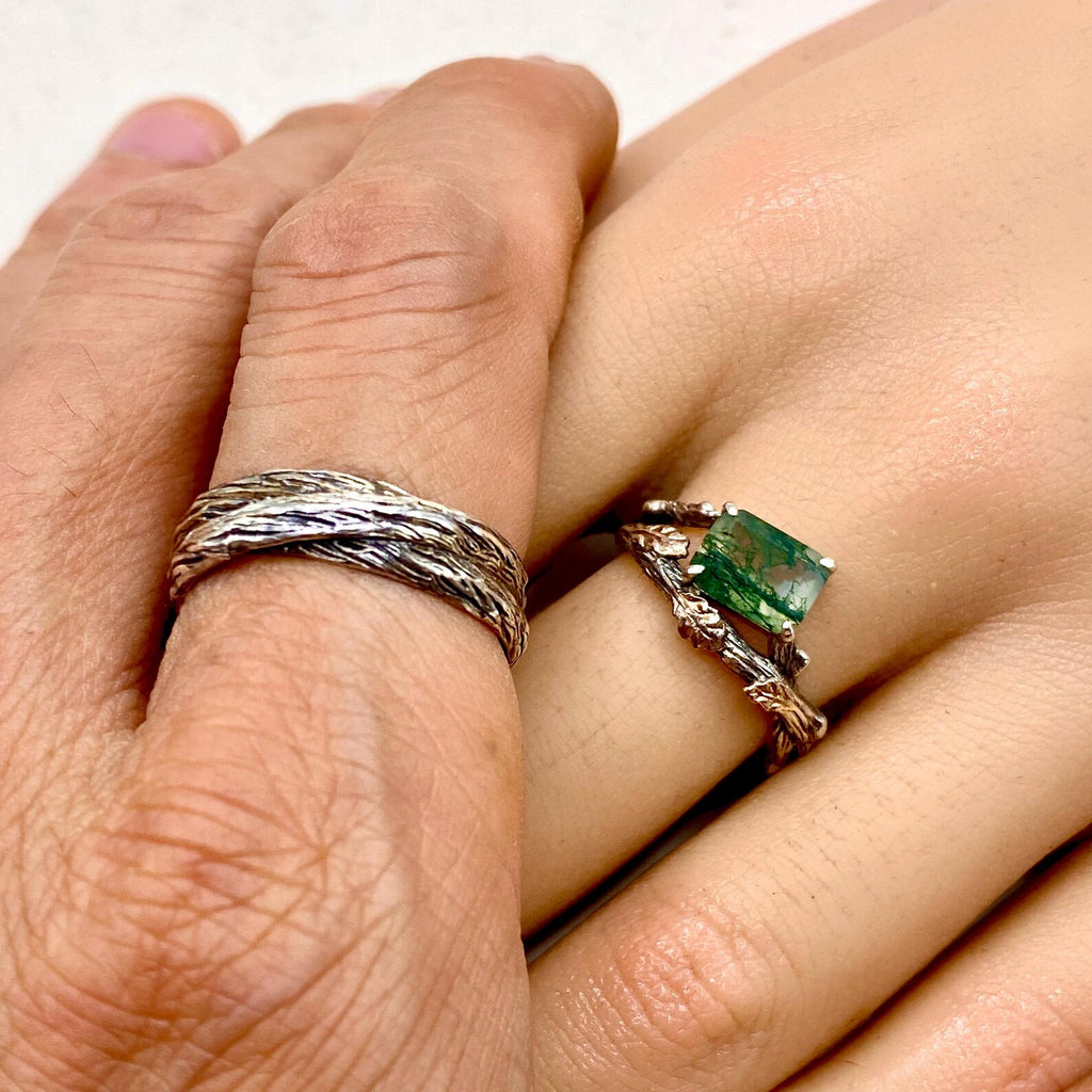 Moss Agate Sterling Silver Oak Leaf Ring Set