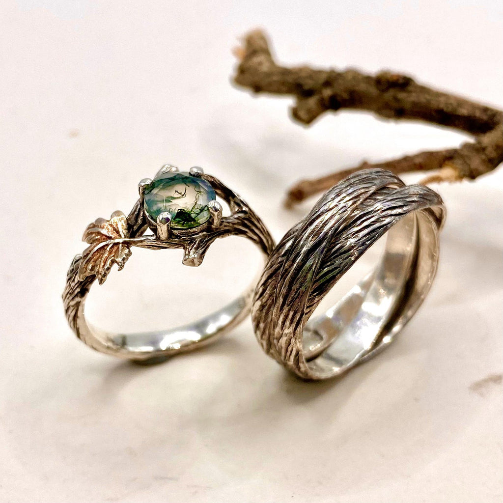 Moss Agate Sterling Silver Maple Leaf Ring Set