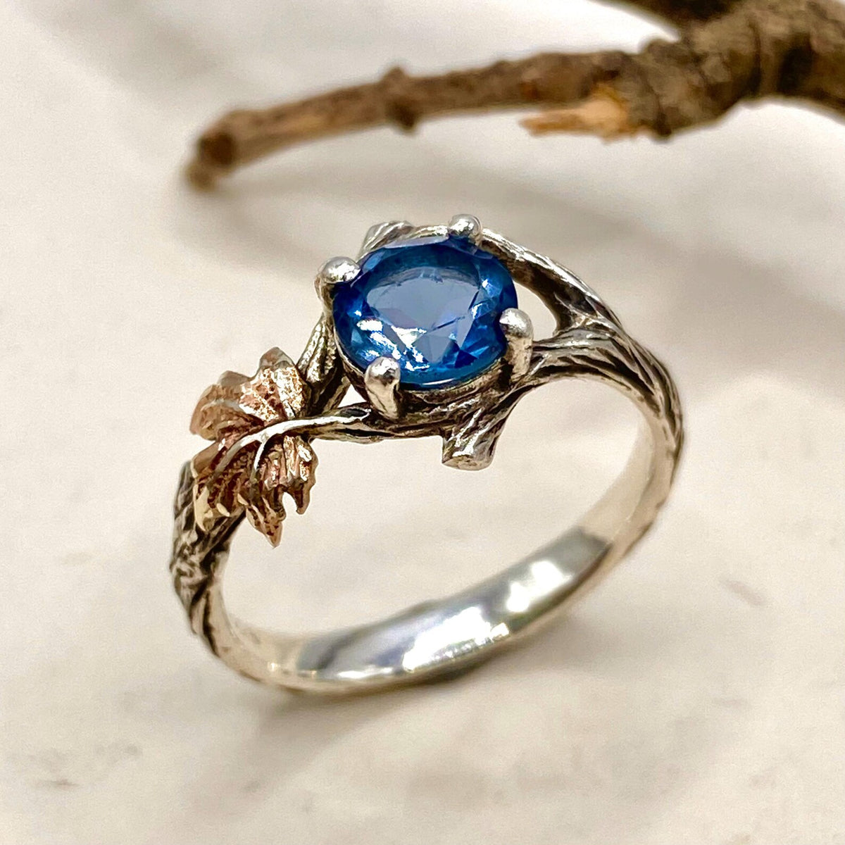 London Blue Topaz Sterling Silver Maple Leaf Ring