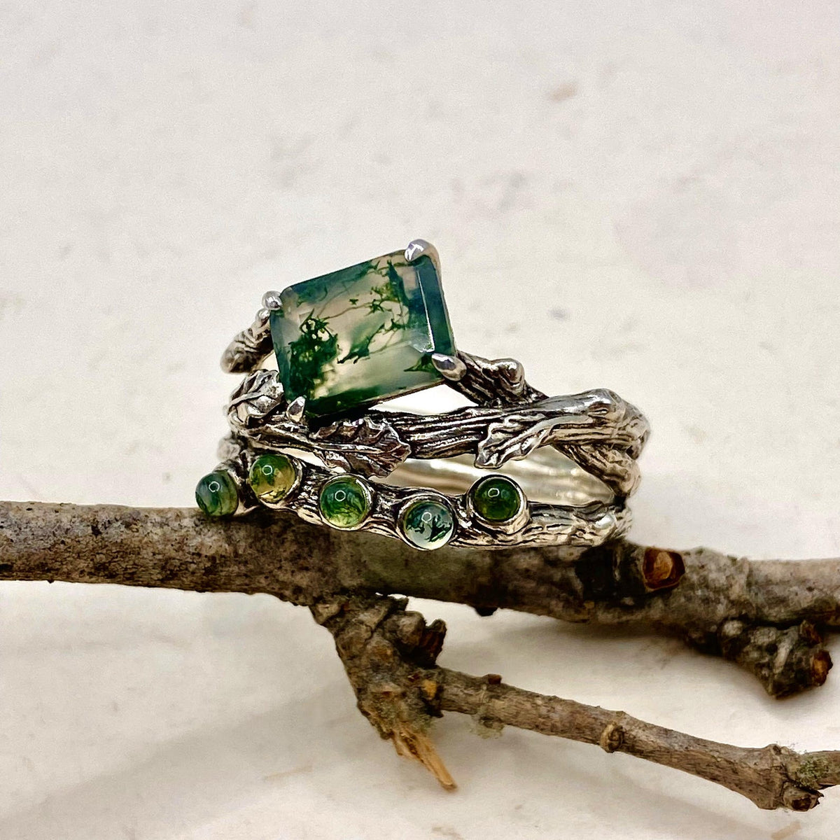 Moss Agate Sterling Silver Oak Leaf Ring
