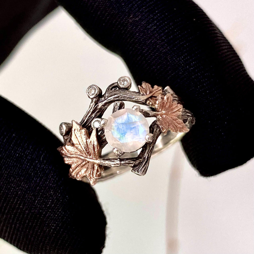 Moonstone Sterling Silver Maple Leaf Ring