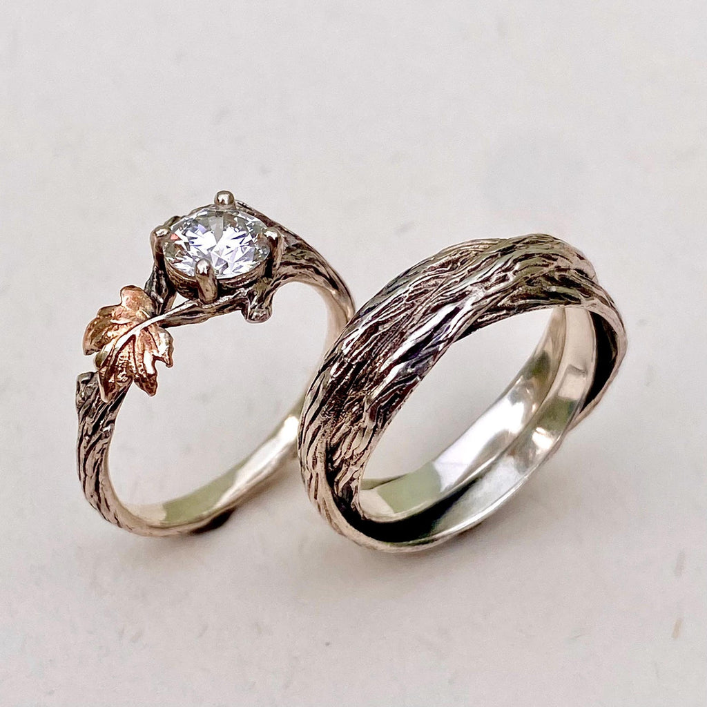 Lab-Grown Diamond 14K White Gold Maple Leaf Ring Set
