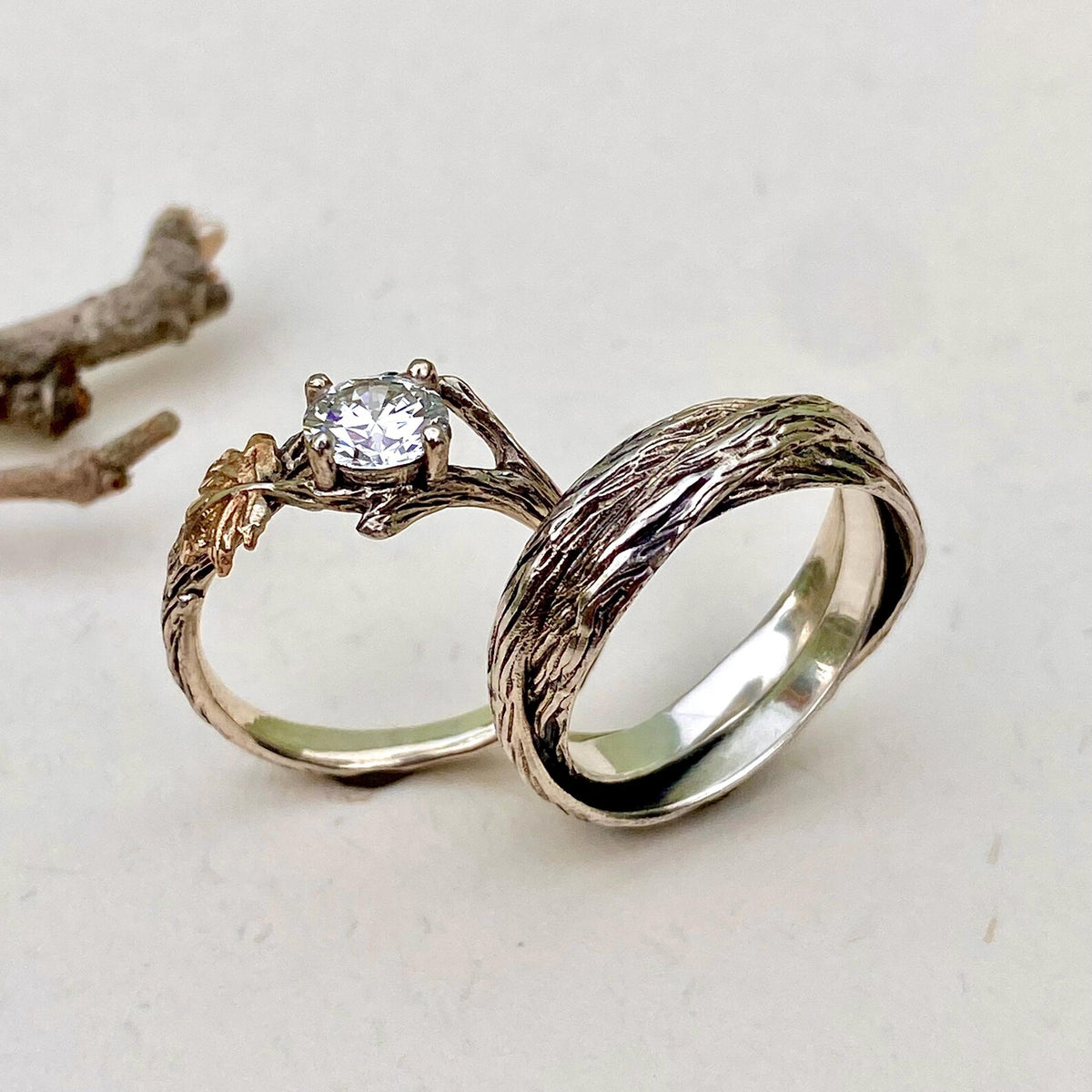 Lab-Grown Diamond 14K White Gold Maple Leaf Ring Set
