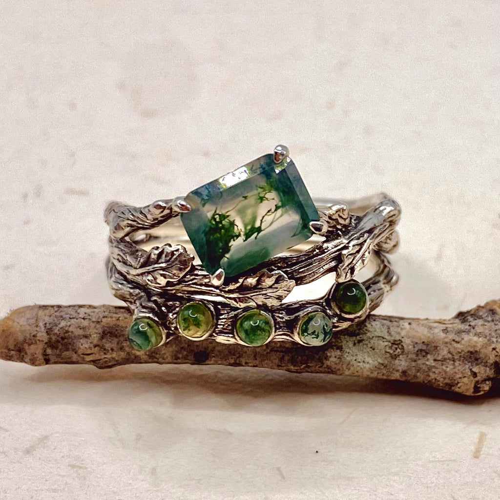 Moss Agate Sterling Silver Oak Leaf Ring