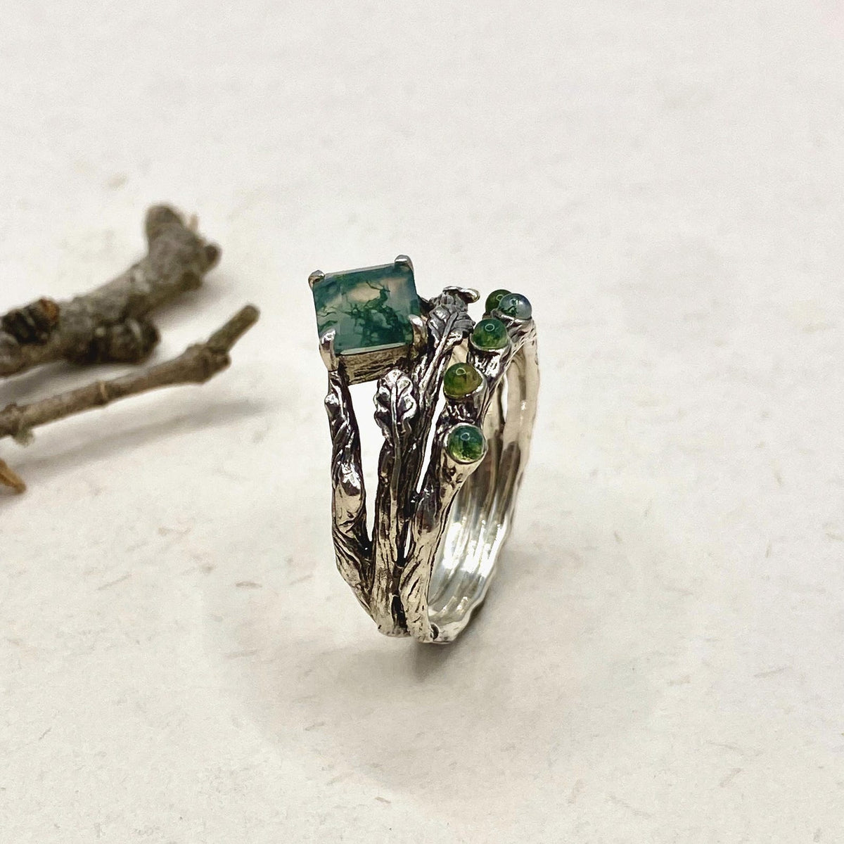 Moss Agate Sterling Silver Oak Leaf Ring