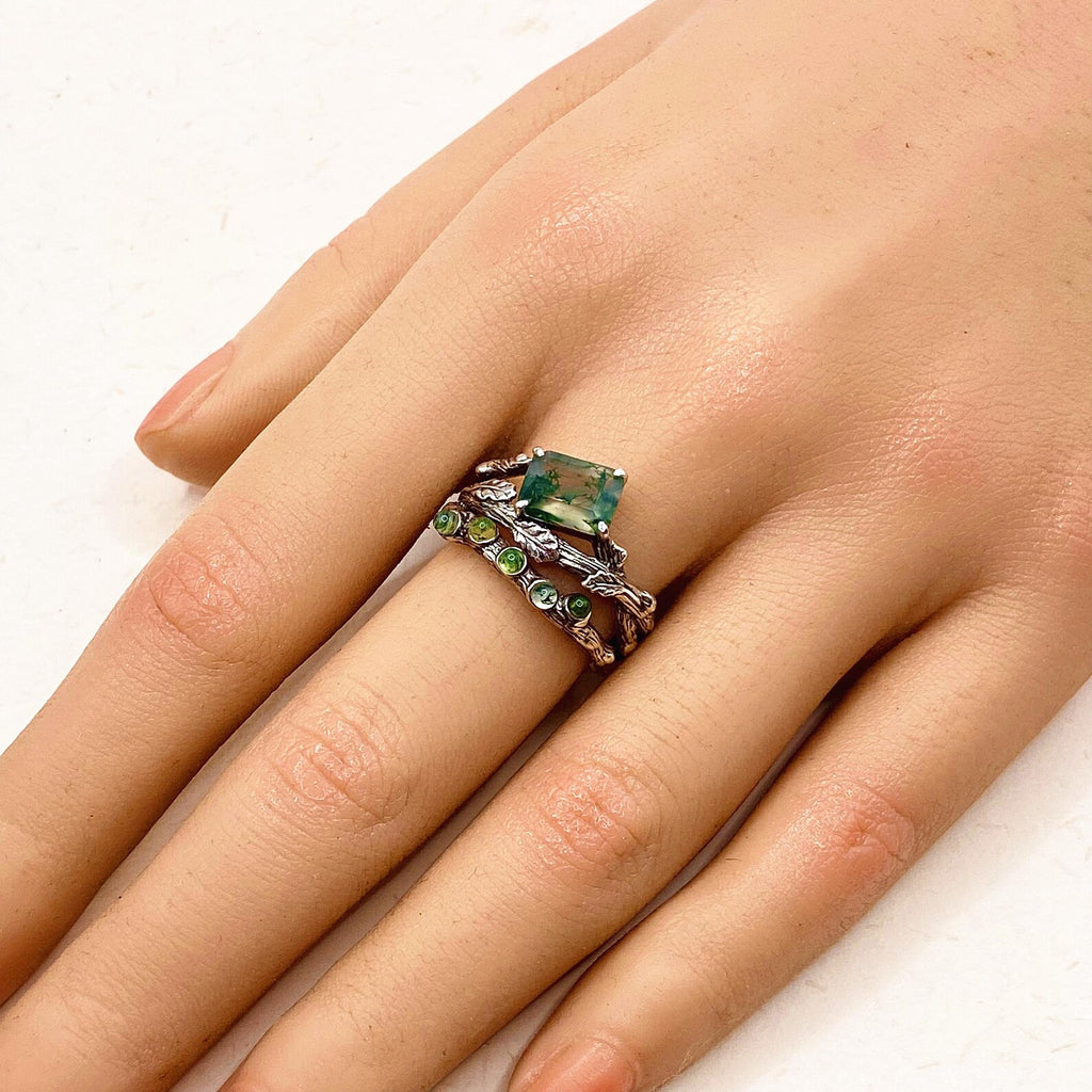 Moss Agate Sterling Silver Oak Leaf Ring