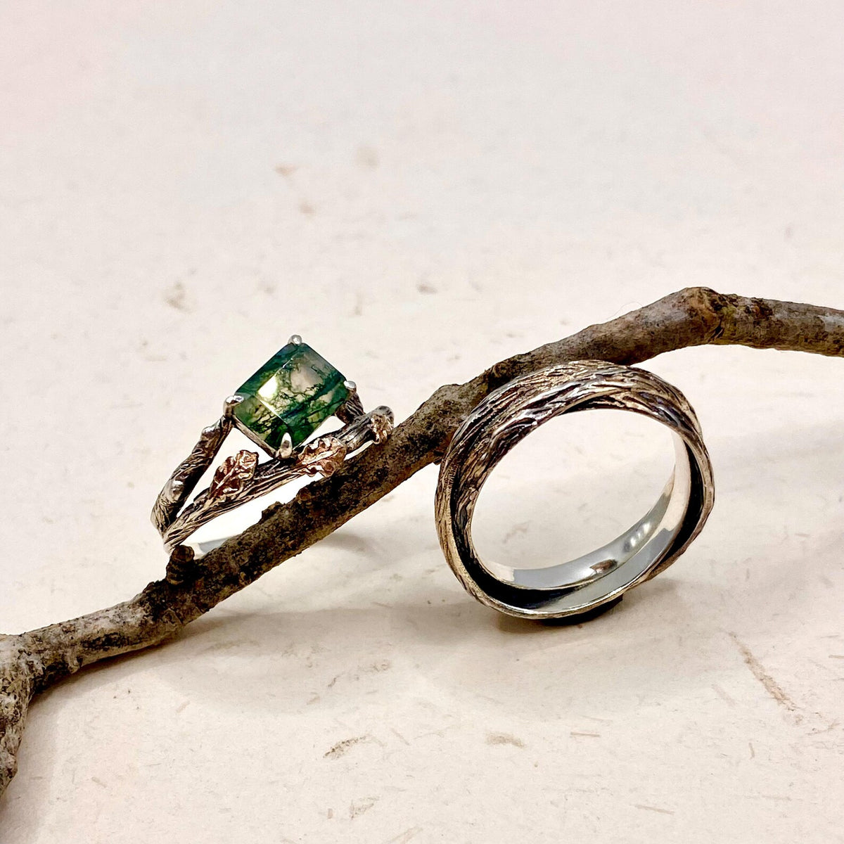 Moss Agate Sterling Silver Oak Leaf Ring Set