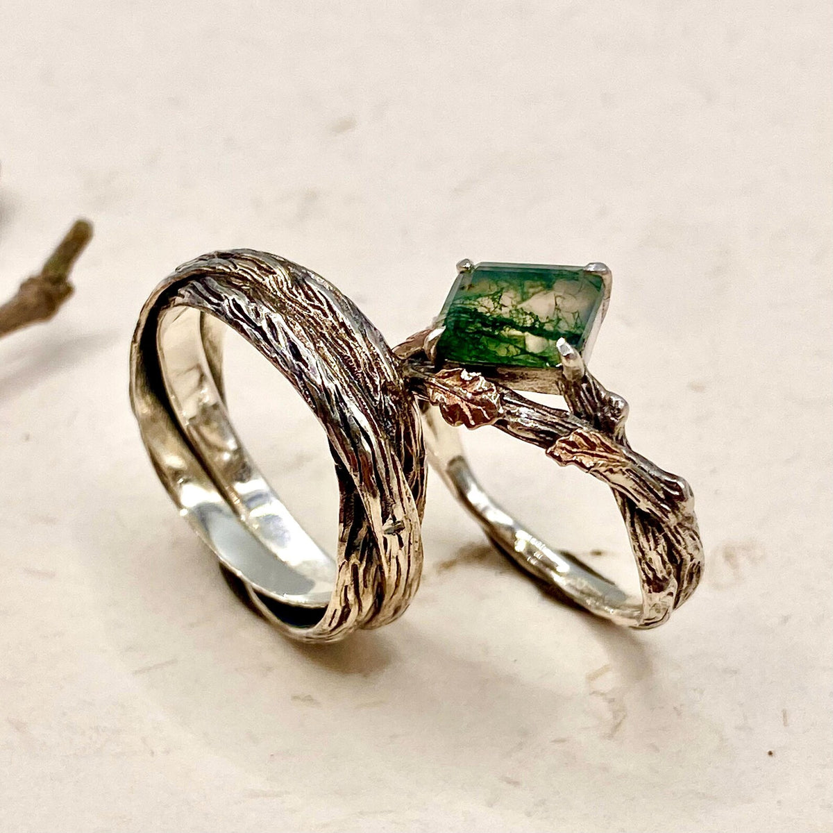 Moss Agate Sterling Silver Oak Leaf Ring Set
