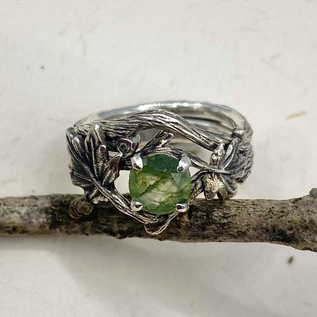 Moss Agate Sterling Silver Maple Leaf Ring Set