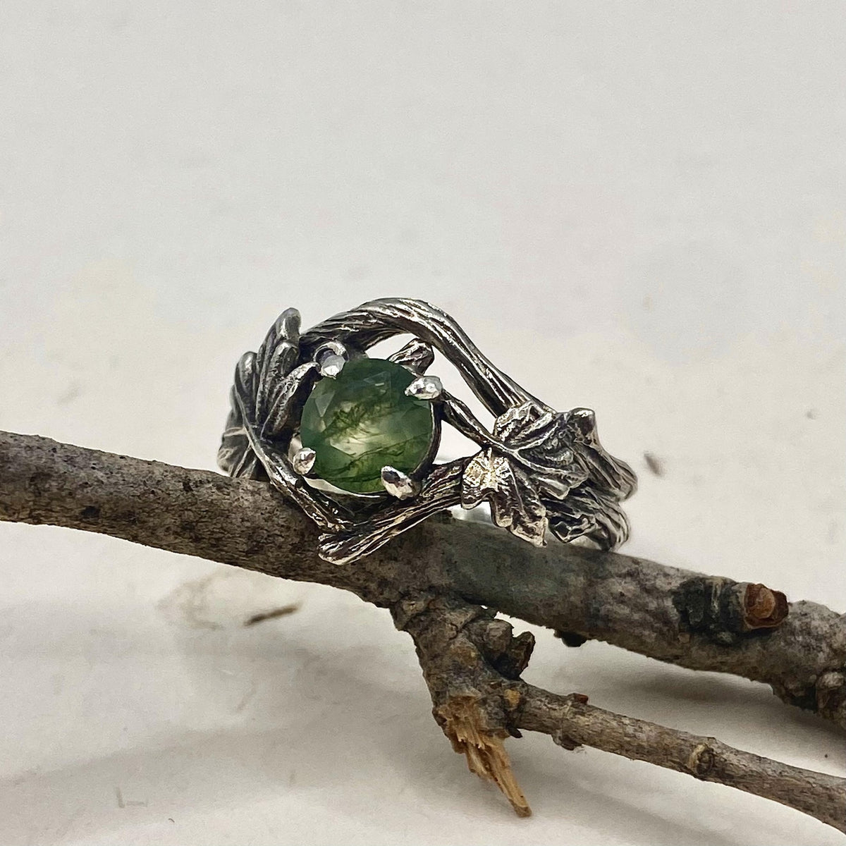 Moss Agate Sterling Silver Maple Leaf Ring Set