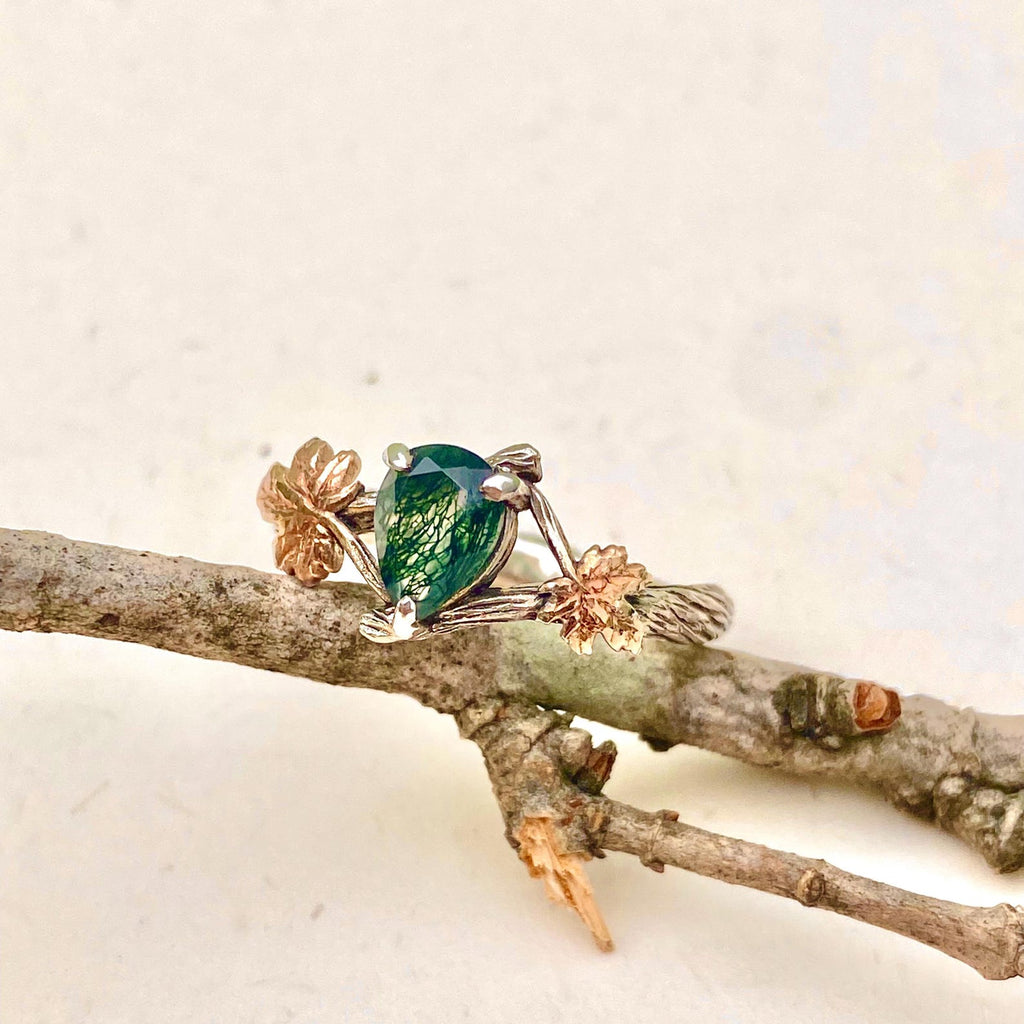 Moss Agate Sterling Silver Maple Leaf Ring