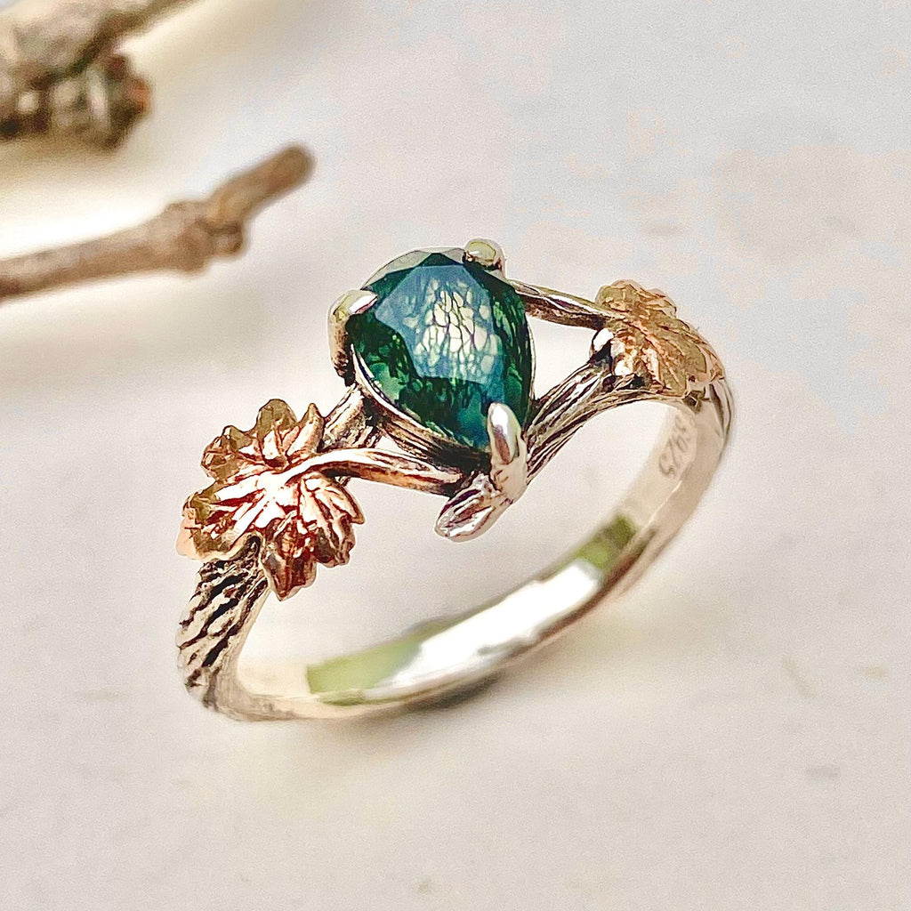 Moss Agate Sterling Silver Maple Leaf Ring