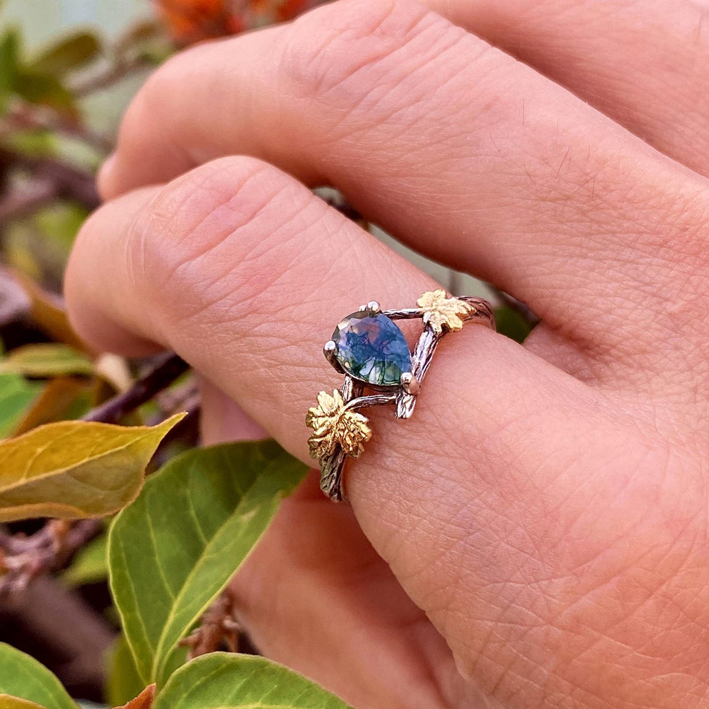 Moss Agate Sterling Silver Maple Leaf Ring