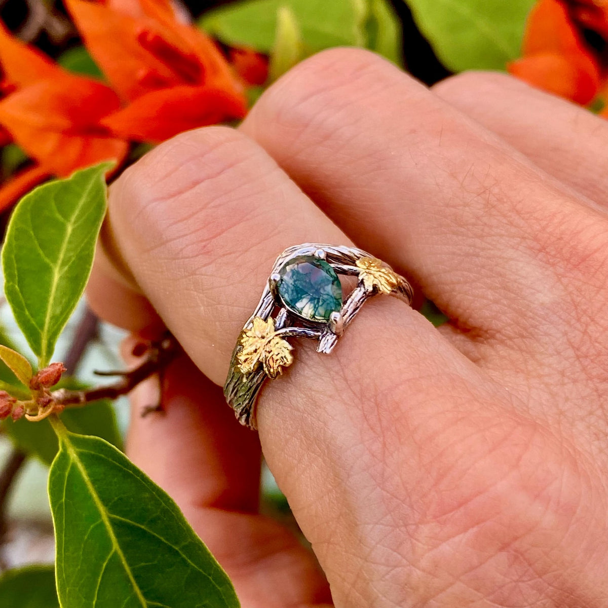 Moss Agate Sterling Silver Maple Leaf Ring