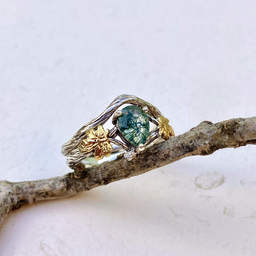 Moss Agate Sterling Silver Maple Leaf Ring