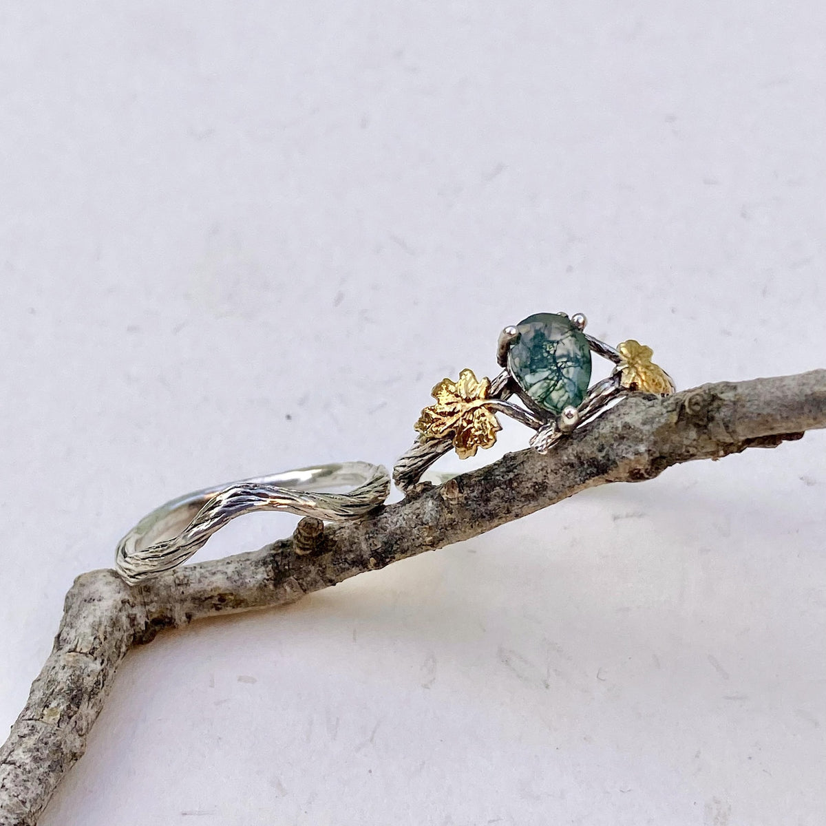 Moss Agate Sterling Silver Maple Leaf Ring