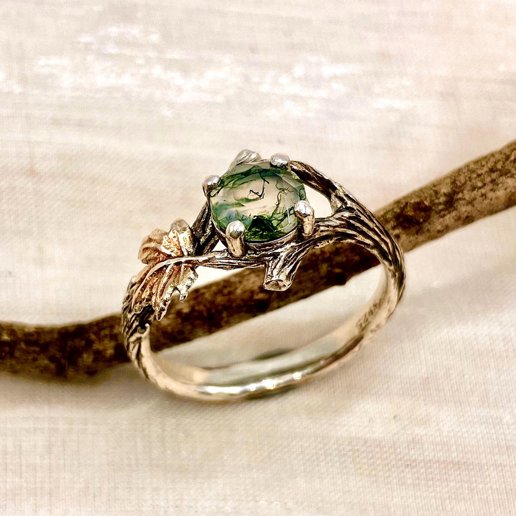 Moss Agate Sterling Silver Maple Leaf Ring