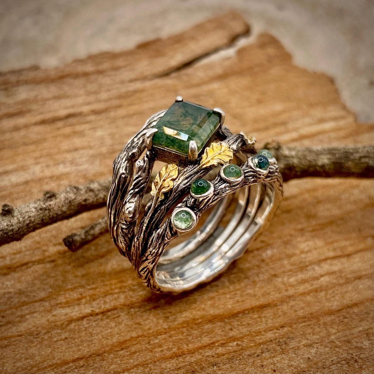 Moss Agate Sterling Silver Oak Leaf Ring