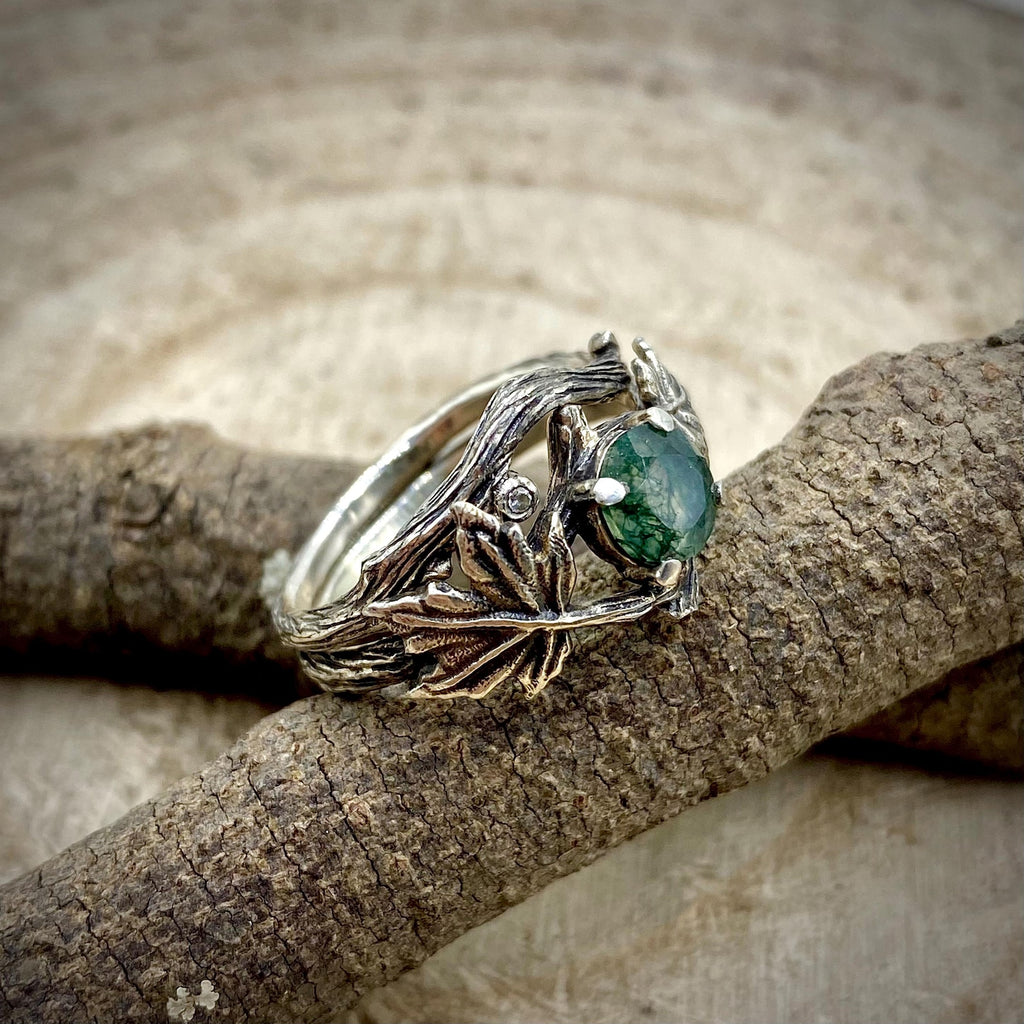Moss Agate Sterling Silver Maple Leaf Ring