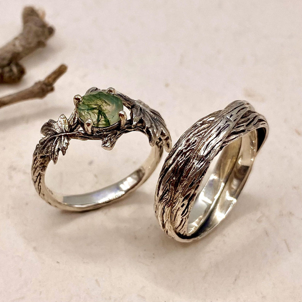Moss Agate Sterling Silver Maple Leaf Ring Set