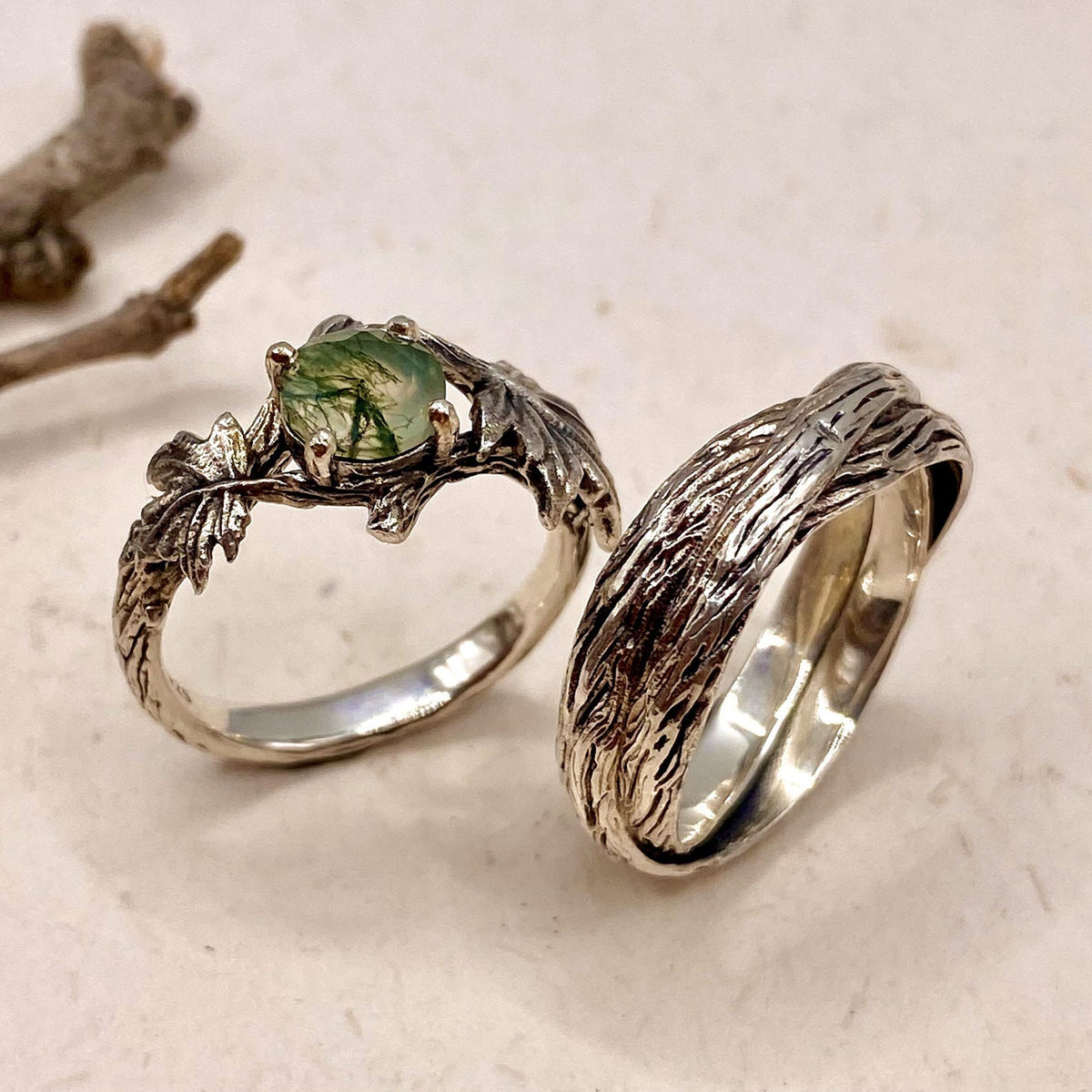Moss Agate Sterling Silver Maple Leaf Ring Set