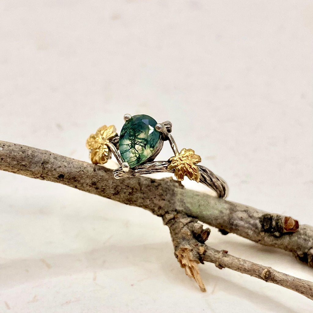 Moss Agate Sterling Silver Maple Leaf Ring