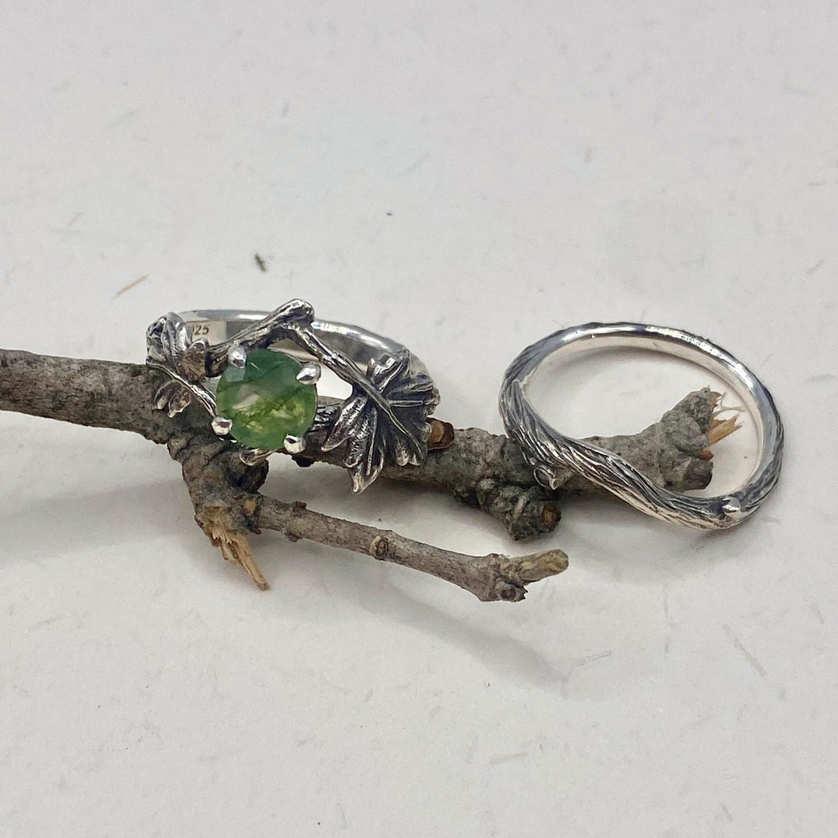 Moss Agate Sterling Silver Maple Leaf Ring Set