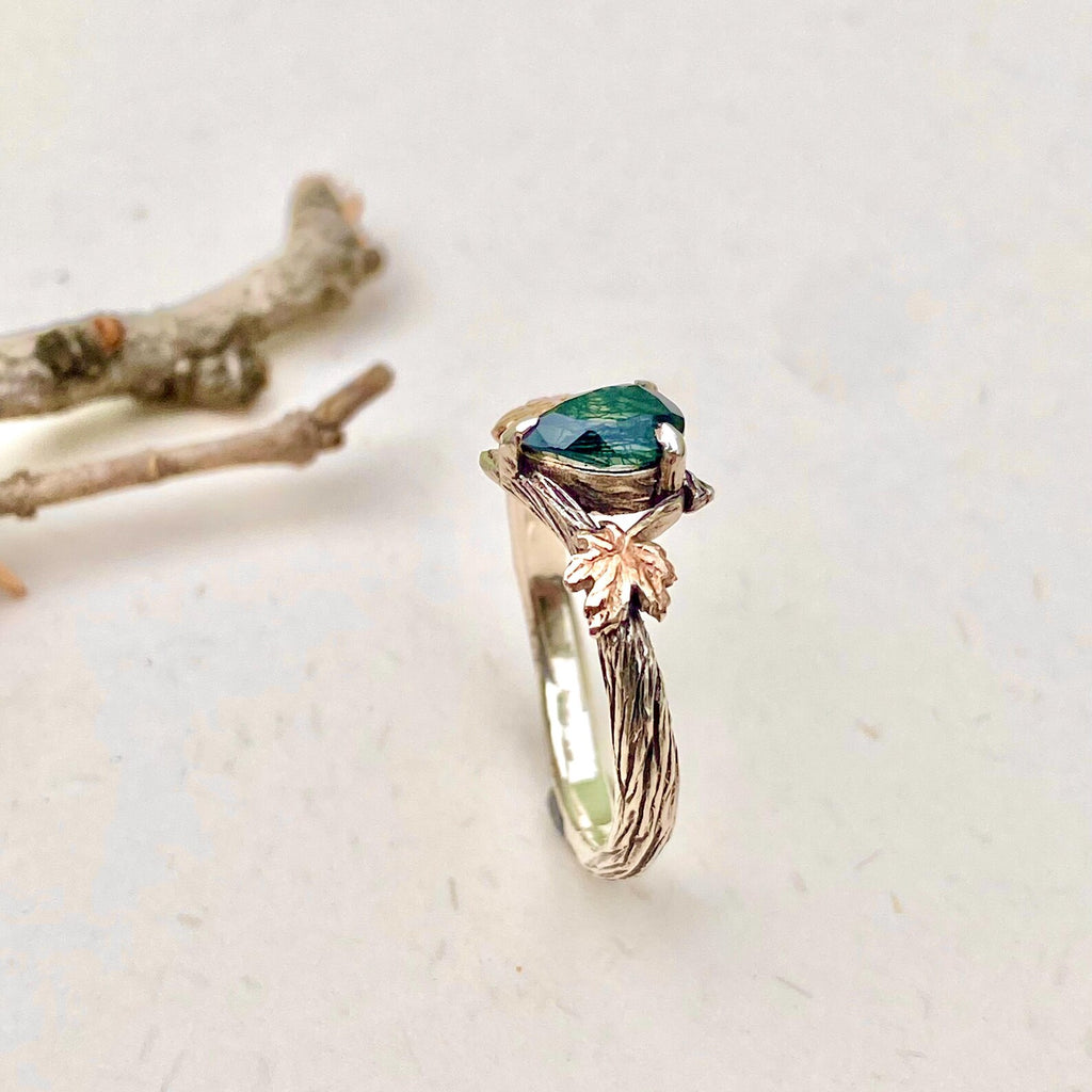 Moss Agate Sterling Silver Maple Leaf Ring