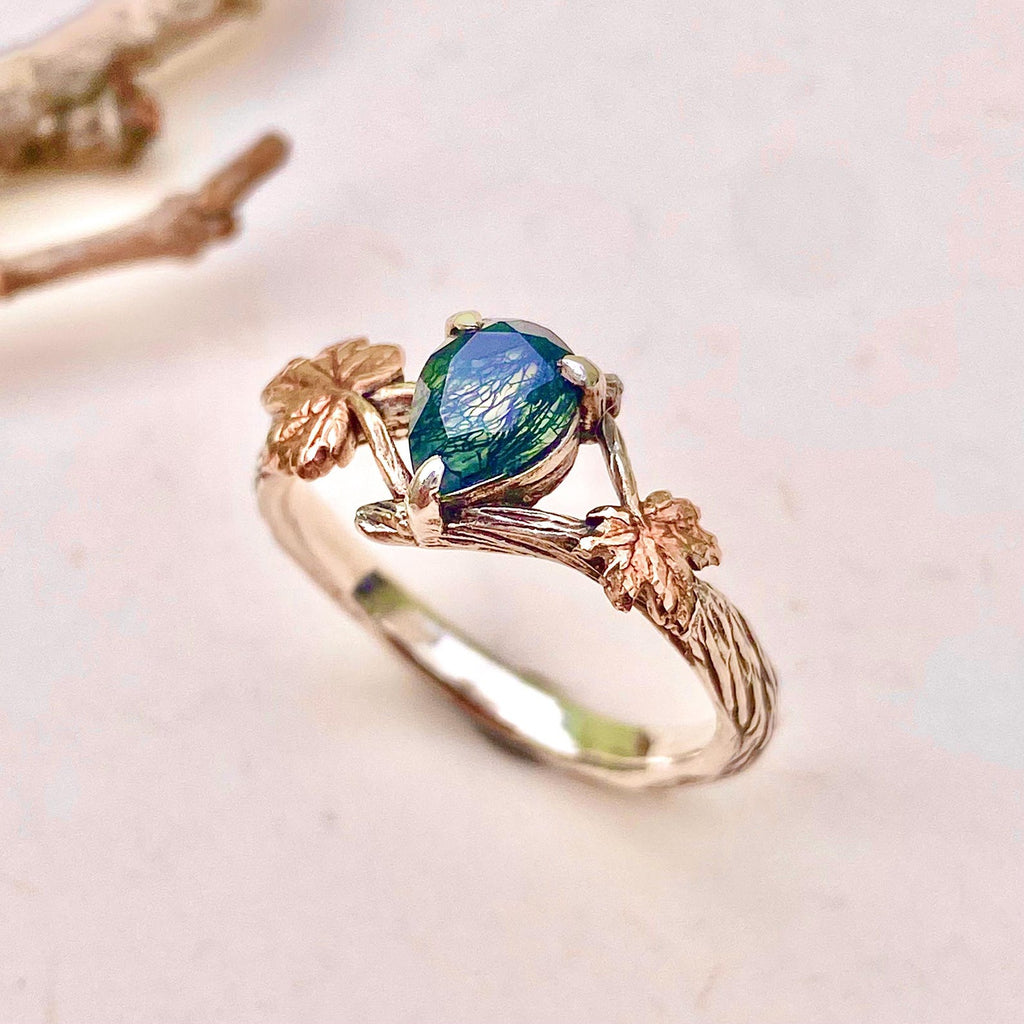 Moss Agate Sterling Silver Maple Leaf Ring