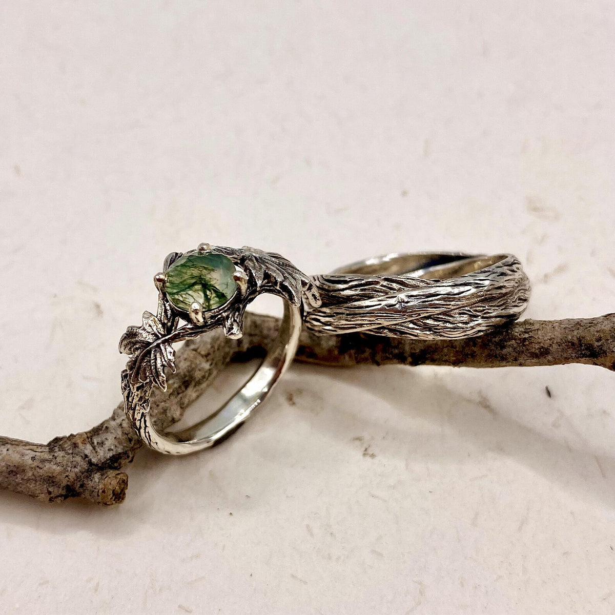 Moss Agate Sterling Silver Maple Leaf Ring Set
