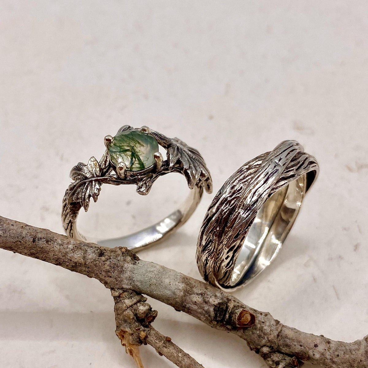 Moss Agate Sterling Silver Maple Leaf Ring Set