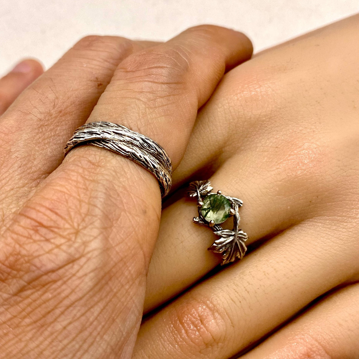 Moss Agate Sterling Silver Maple Leaf Ring Set