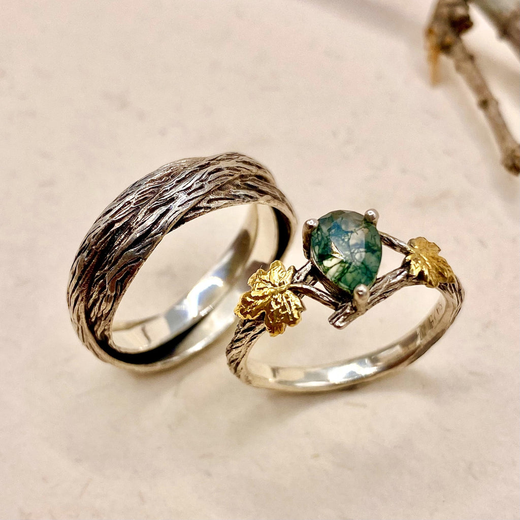 Moss Agate Sterling Silver Twig Ring Set