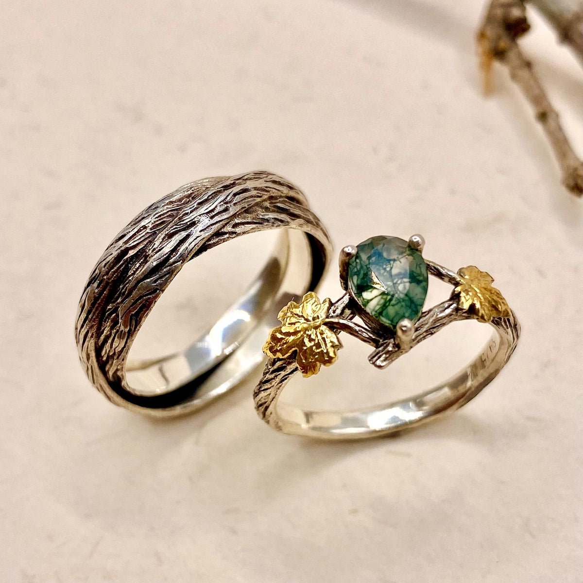 Moss Agate Sterling Silver Twig Ring Set