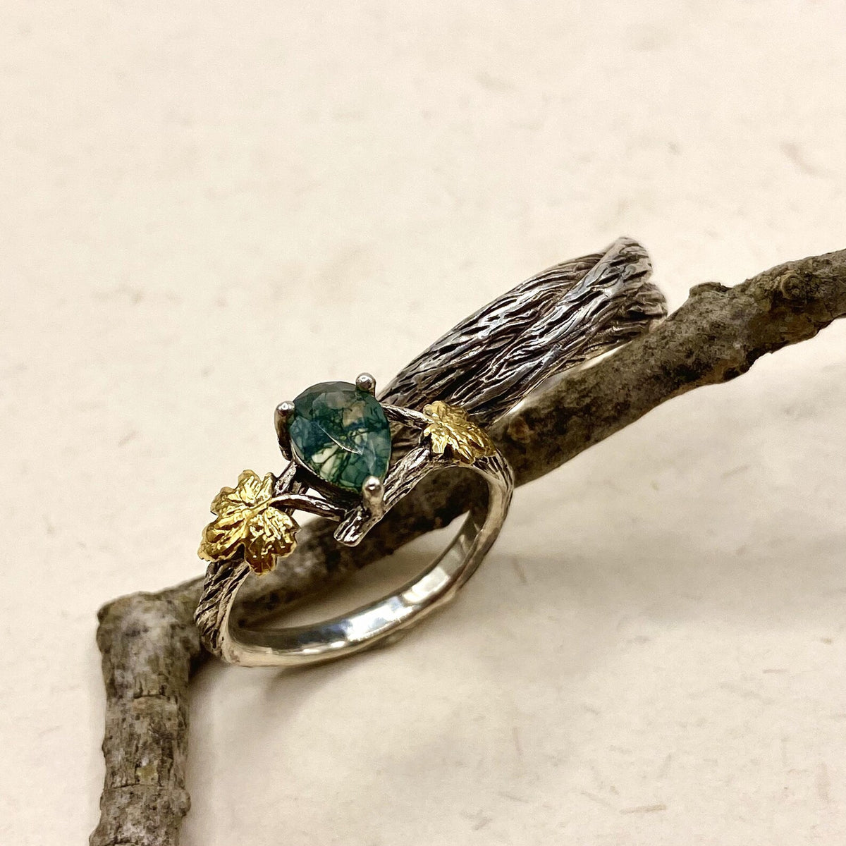 Moss Agate Sterling Silver Twig Ring Set