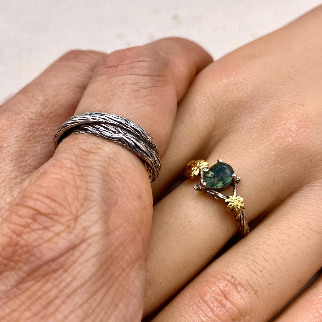 Moss Agate Sterling Silver Twig Ring Set