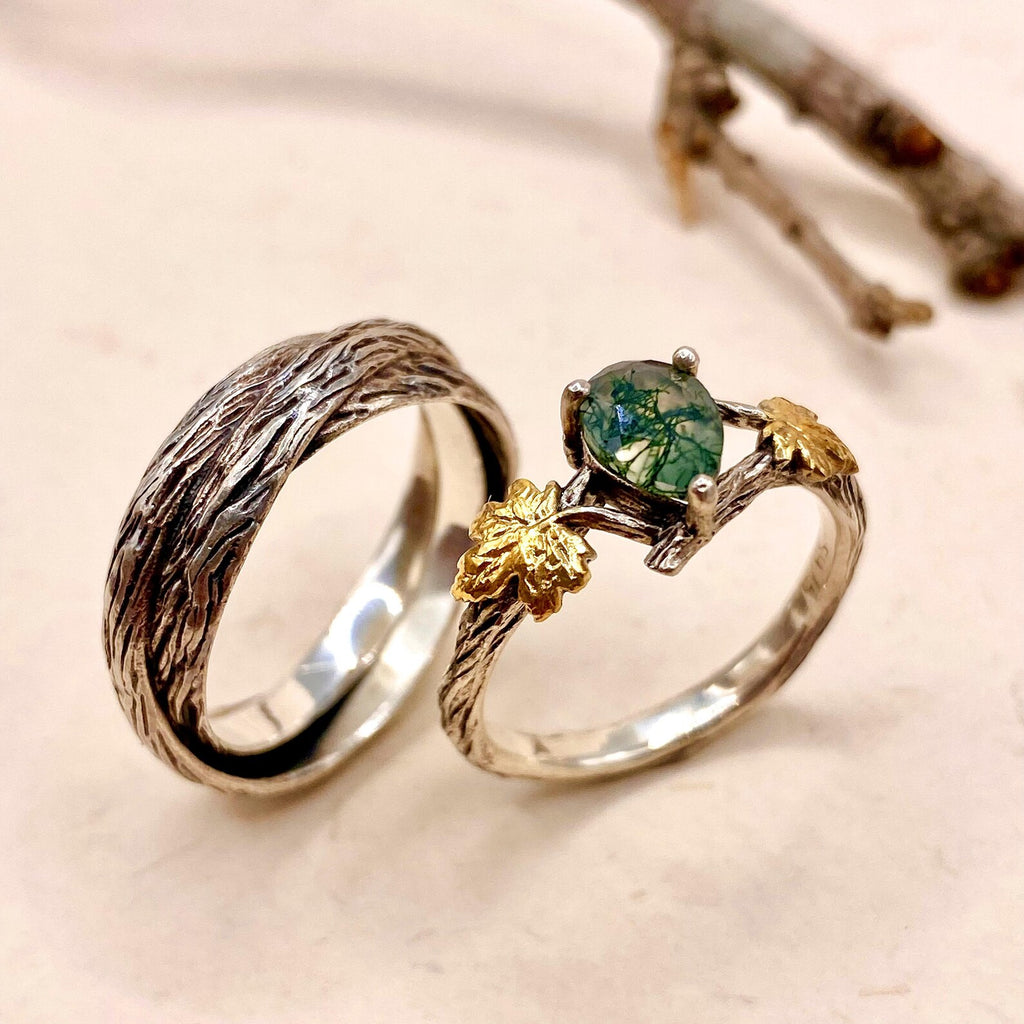Moss Agate Sterling Silver Twig Ring Set