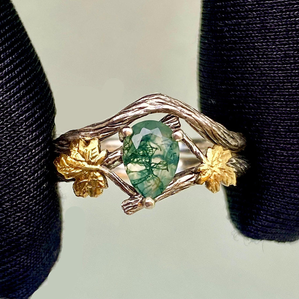 Moss Agate Sterling Silver Maple Leaf Ring