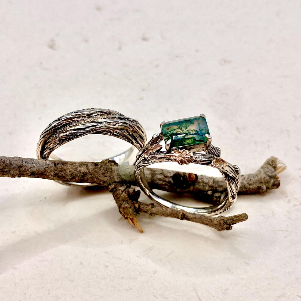 Moss Agate Sterling Silver Oak Leaf Ring Set