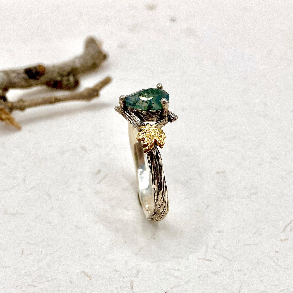 Moss Agate Sterling Silver Maple Leaf Ring