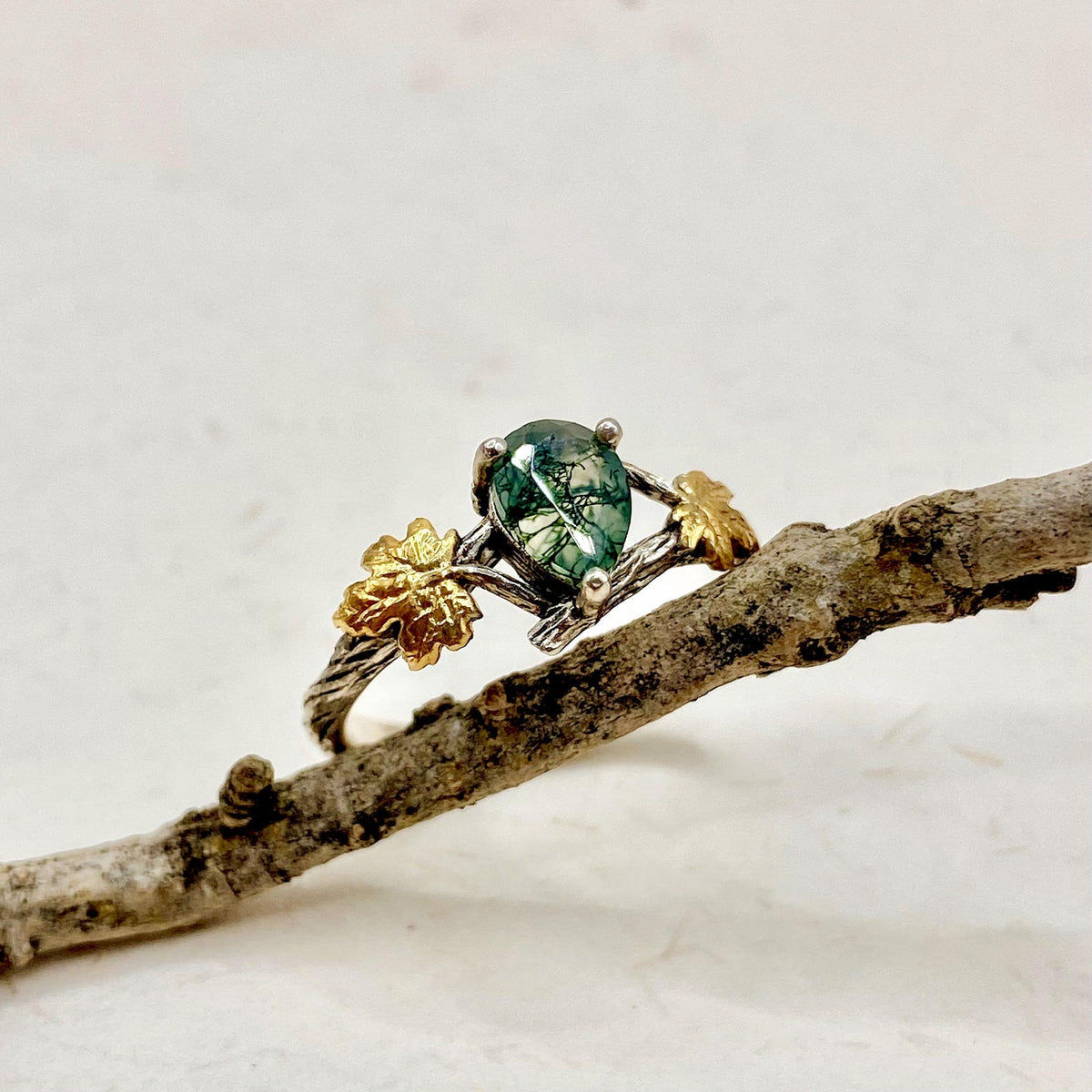 Moss Agate Sterling Silver Maple Leaf Ring