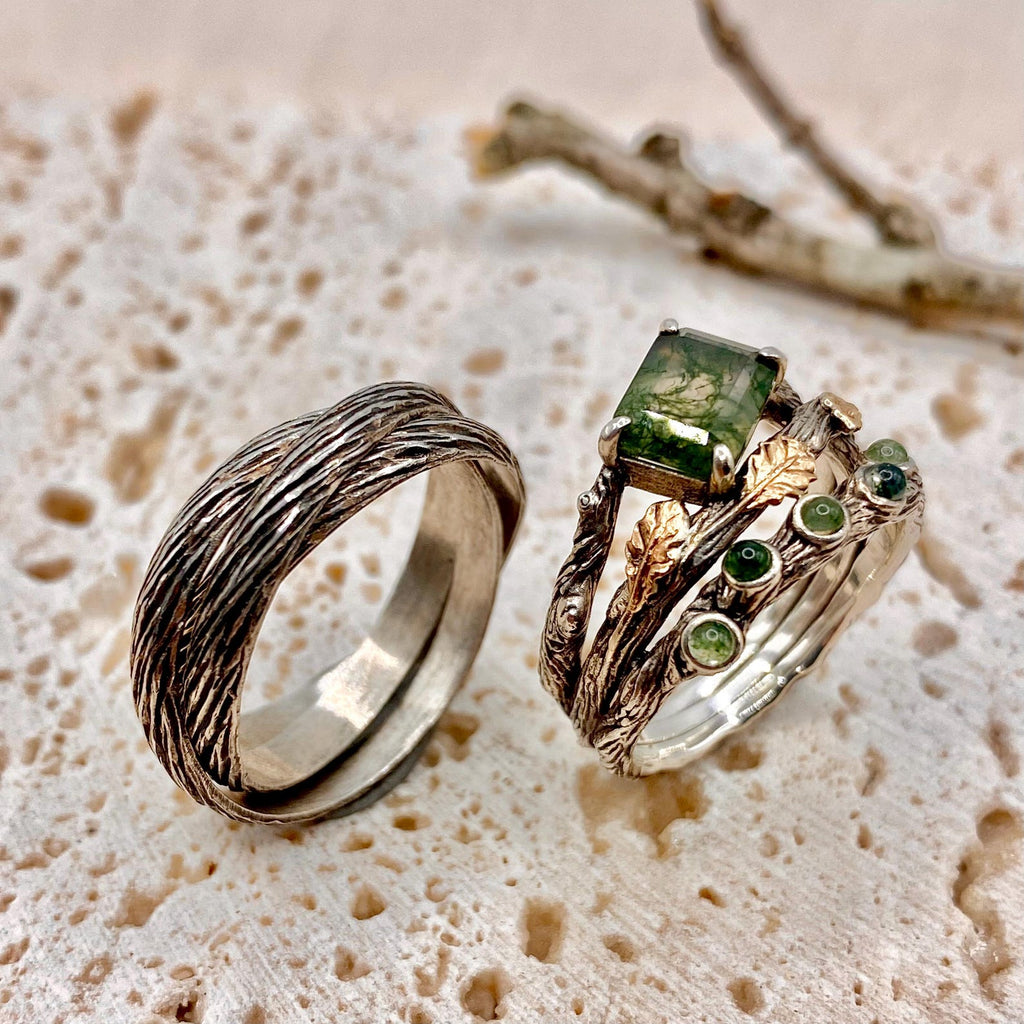 Moss Agate Sterling Silver Twig Ring Set